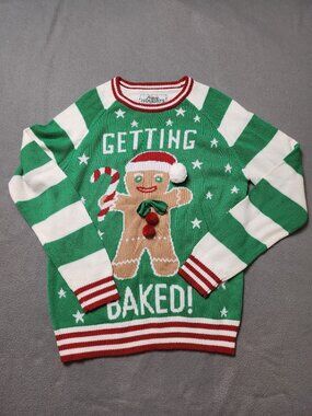 Getting Baked Gingerbread Man Ugly Christmas Sweater Green Striped Pom Pom L